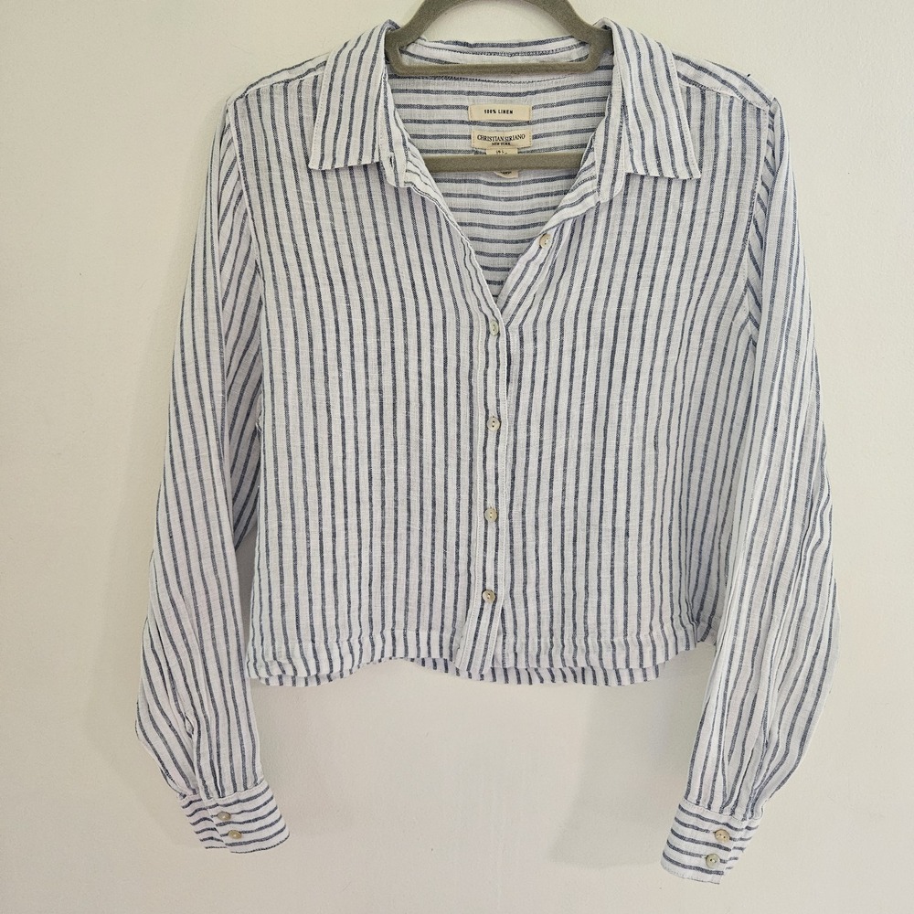 Christian Siriano L Womens Linen Striped Button Down Blue White Nautical Coastal - Picture 3 of 8